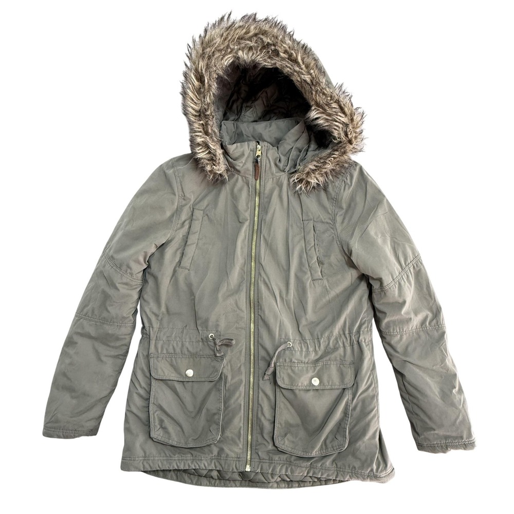 H&M Parka Jacket Girls 14Y Khaki Faux Fur Hood Quilted Lined Winter Coat